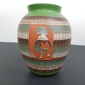 Navajo Pottery Signed Ey Dine Kokopelli Boho